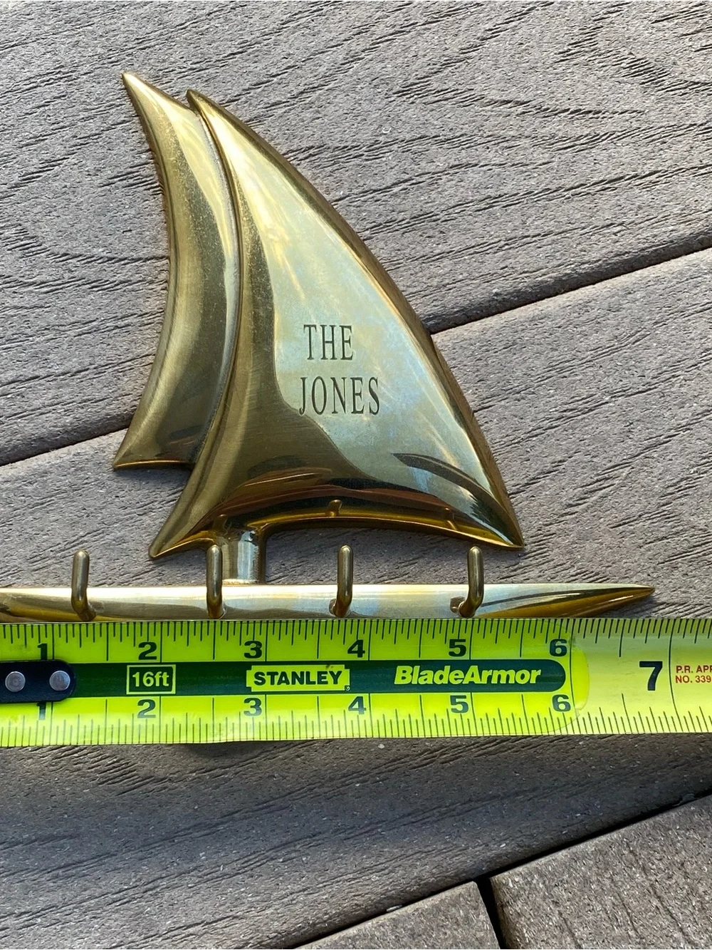 Vintage Polished Solid Brass Sailboat Key Hook Holder Engraved “The Jones”